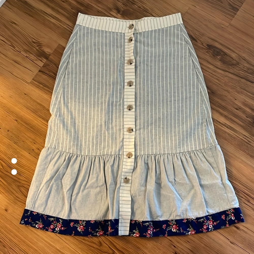 Madewell Blue and White Striped Skirt with Floral Hem